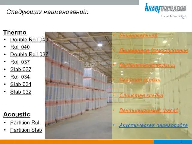Следующих наименований: Acoustic Partition Roll Partition Slab Thermo Double Roll 040 Roll 040