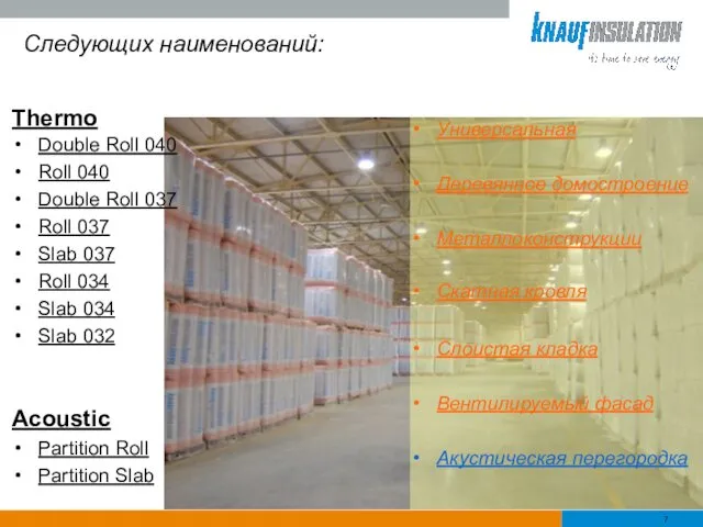 Следующих наименований: Acoustic Partition Roll Partition Slab Thermo Double Roll