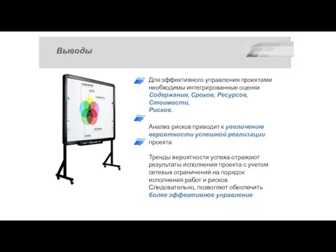 Выводы Для эффективного управления проектами необходимы интегрированные оценки Содержания, Сроков,