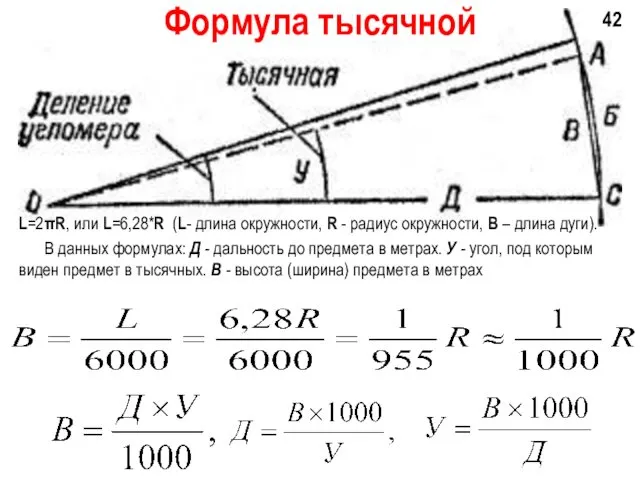 Формула тысячной L=2πR, или L=6,28*R (L- длина окружности, R -