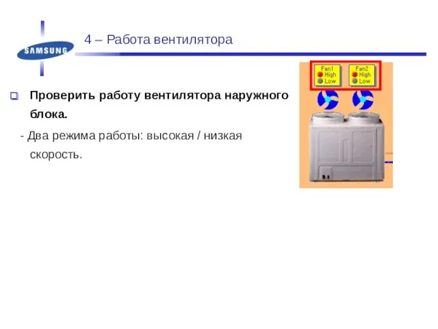 4 – Работа вентилятора Проверить работу вентилятора наружного блока. -