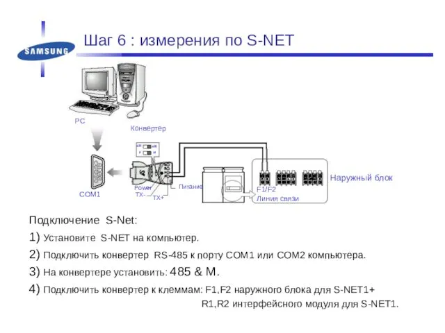 Шаг 6 : измерения по S-NET Подключение S-Net: 1) Установите