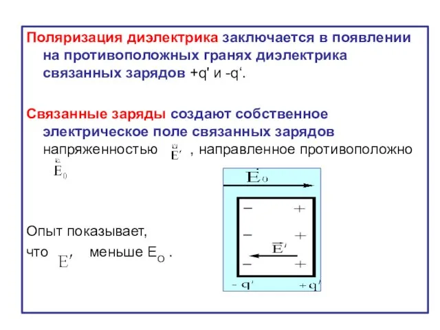 Поляризация диэлектрика заключается в появлении на противоположных гранях диэлектрика связанных