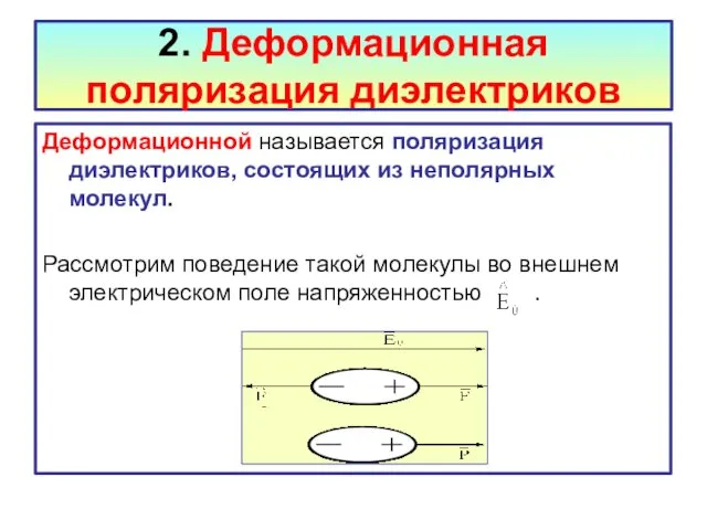 2. Деформационная поляризация диэлектриков Деформационной называется поляризация диэлектриков, состоящих из