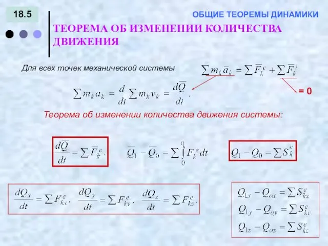 18.5 ОБЩИЕ ТЕОРЕМЫ ДИНАМИКИ ТЕОРЕМА ОБ ИЗМЕНЕНИИ КОЛИЧЕСТВА ДВИЖЕНИЯ Для