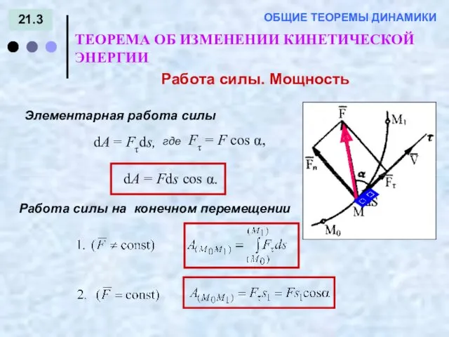 21.3 ТЕОРЕМА ОБ ИЗМЕНЕНИИ КИНЕТИЧЕСКОЙ ЭНЕРГИИ ОБЩИЕ ТЕОРЕМЫ ДИНАМИКИ Работа