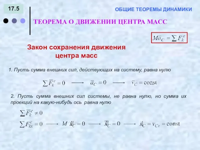 17.5 ТЕОРЕМА О ДВИЖЕНИИ ЦЕНТРА МАСС ОБЩИЕ ТЕОРЕМЫ ДИНАМИКИ Закон