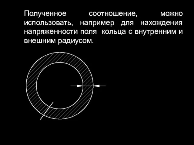 Полученное соотношение, можно использовать, например для нахождения напряженности поля кольца с внутренним и внешним радиусом.