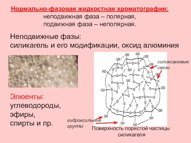 Неподвижные фазы: силикагель и его модификации, оксид алюминия Нормально-фазовая жидкостная