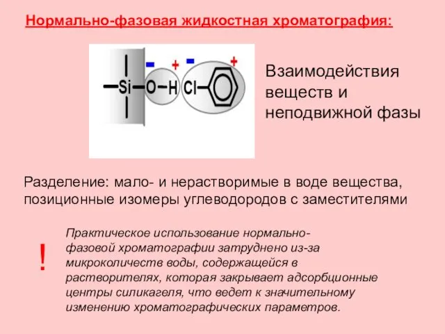 Нормально-фазовая жидкостная хроматография: Взаимодействия веществ и неподвижной фазы Разделение: мало-