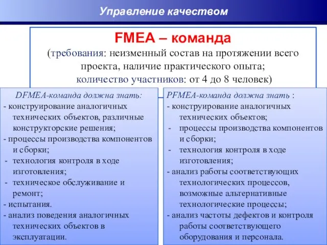 Управление качеством FMEA – команда (требования: неизменный состав на протяжении