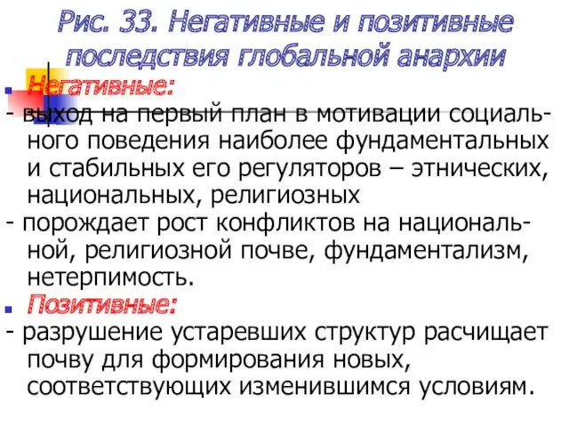 Рис. 33. Негативные и позитивные последствия глобальной анархии Негативные: -