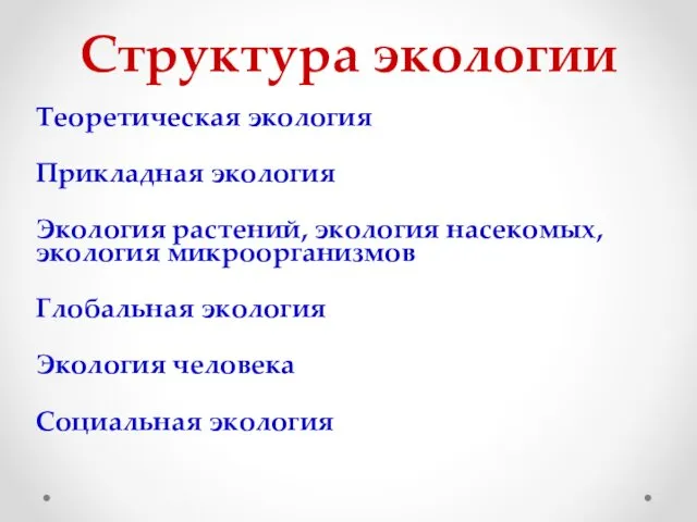 Структура экологии Теоретическая экология Прикладная экология Экология растений, экология насекомых,