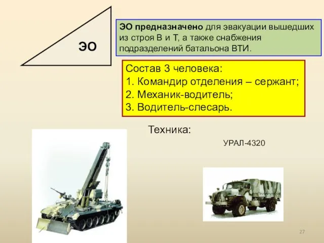 ЭО предназначено для эвакуации вышедших из строя В и Т,