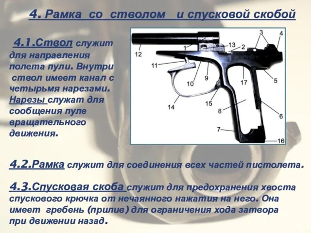 4. Рамка со стволом и спусковой скобой 4.1.Ствол служит для