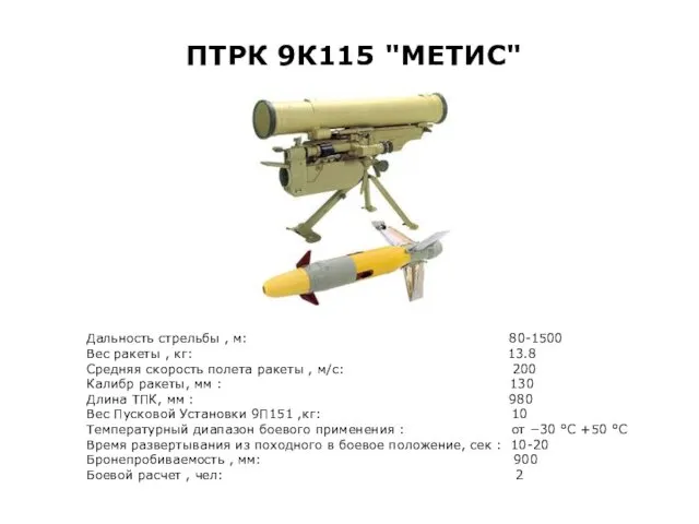 Дальность стрельбы , м: 80-1500 Вес ракеты , кг: 13.8