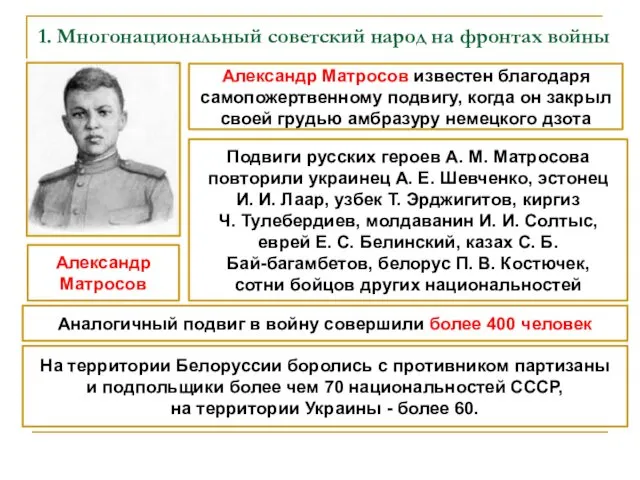 1. Многонациональный советский народ на фронтах войны Александр Матросов Александр