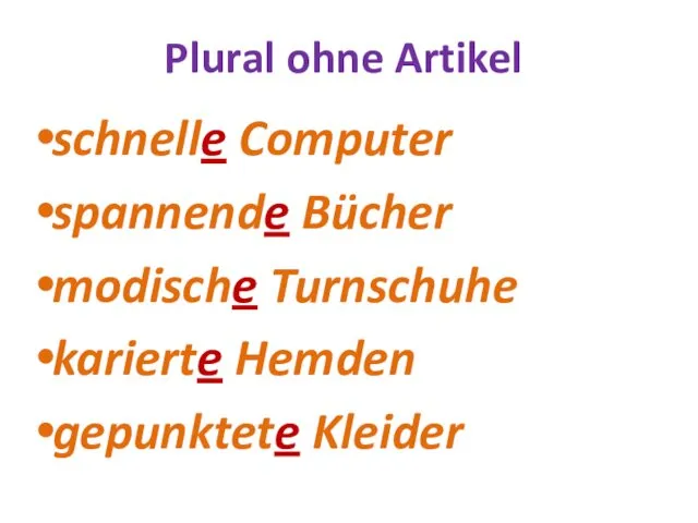 Plural ohne Artikel schnelle Computer spannende Bücher modische Turnschuhe karierte Hemden gepunktete Kleider