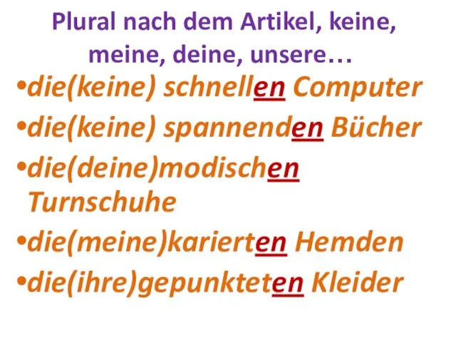 Plural nach dem Artikel, keine, meine, deine, unsere… die(keine) schnellen