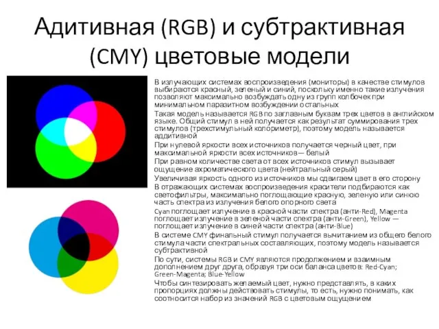 Адитивная (RGB) и субтрактивная (CMY) цветовые модели В излучающих системах