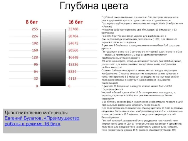 Глубина цвета Глубиной цвета называют количество бит, которые выделяются для