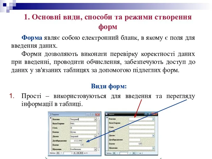 1. Основні види, способи та режими створення форм Під предметною