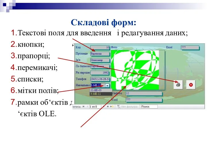 Складові форм: Текстові поля для введення і редагування даних; кнопки;