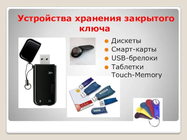 Устройства хранения закрытого ключа Дискеты Смарт-карты USB-брелоки Таблетки Touch-Memory