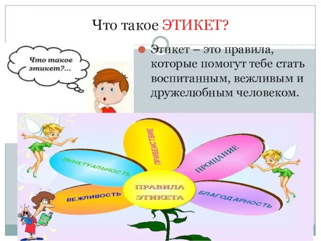 Что такое ЭТИКЕТ? Этикет – это правила, которые помогут тебе стать воспитанным, вежливым и дружелюбным человеком.