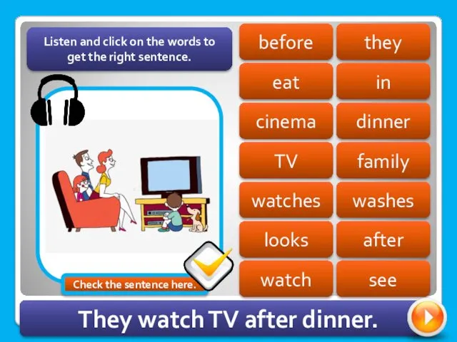 they before eat in dinner cinema TV family washes watches