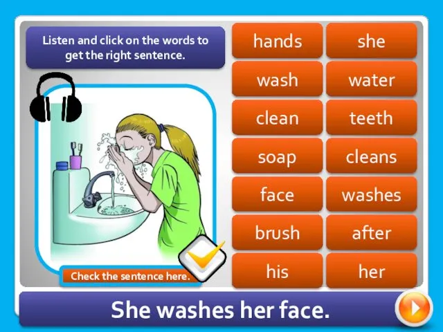 she hands wash water teeth clean soap cleans washes face