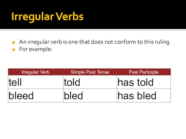 Irregular Verbs An irregular verb is one that does not conform to this ruling. For example: