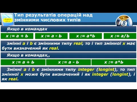 Тип результатів операцій над змінними числових типів Якщо в командах