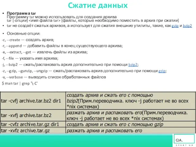 Сжатие данных Программа tar Программу tar можно использовать для создания