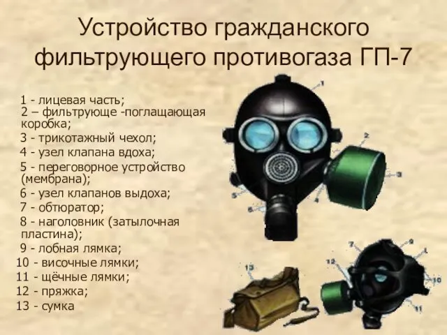 Устройство гражданского фильтрующего противогаза ГП-7 1 - лицевая часть; 2