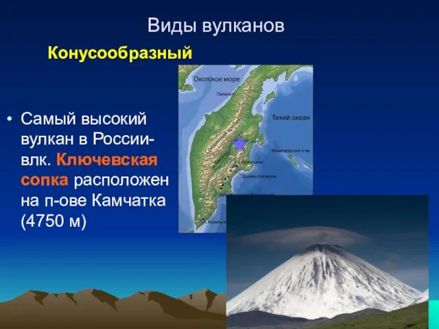 Виды вулканов Самый высокий вулкан в России-влк. Ключевская сопка расположен на п-ове Камчатка(4750 м) Конусообразный