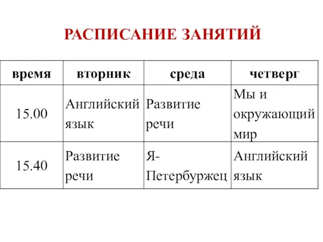 РАСПИСАНИЕ ЗАНЯТИЙ