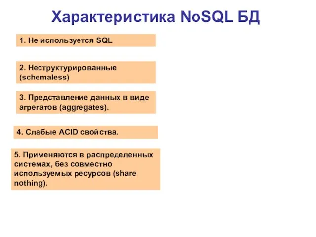 Характеристика NoSQL БД 2. Неструктурированные (schemaless) 1. Не используется SQL