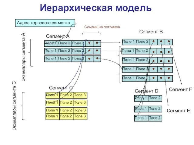 Иерархическая модель Адрес корневого сегмента Экземпляры сегмента А Сегмент С