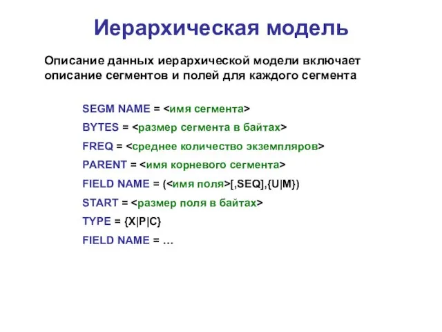 Иерархическая модель Описание данных иерархической модели включает описание сегментов и