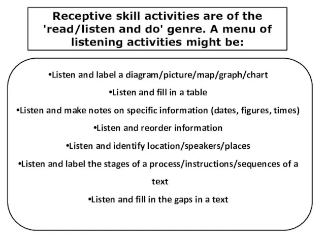Receptive skill activities are of the 'read/listen and do' genre.