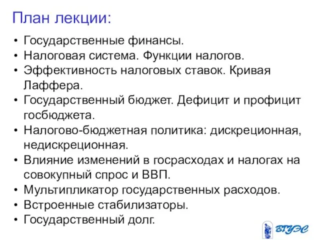 План лекции: Государственные финансы. Налоговая система. Функции налогов. Эффективность налоговых