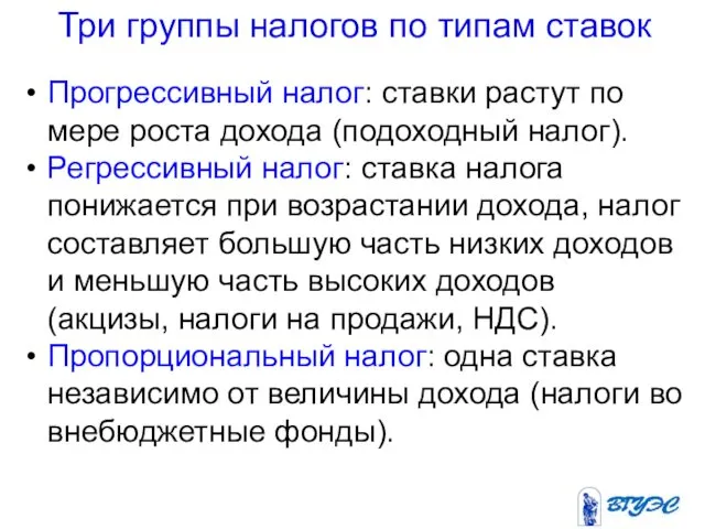 Три группы налогов по типам ставок Прогрессивный налог: ставки растут