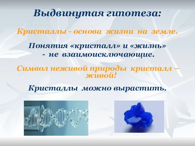 Выдвинутая гипотеза: Кристаллы - основа жизни на земле. Понятия «кристалл»