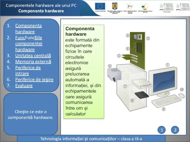 Componentele hardware ale unui PC Componenta hardware Componenta hardware FuncFuncțiile