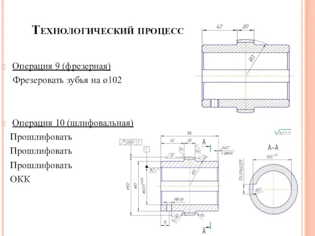 Операция 9 (фрезерная) Фрезеровать зубья на ø102 Операция 10 (шлифовальная) Прошлифовать Прошлифовать Прошлифовать ОКК Технологический процесс