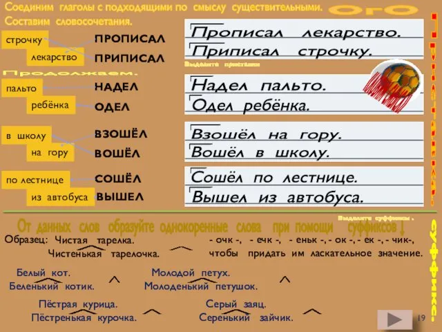 Приставка. Соединим глаголы с подходящими по смыслу существительными. Составим словосочетания.