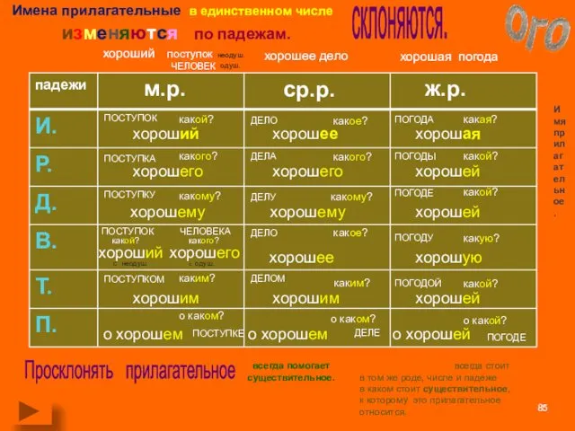 Имена прилагательные в единственном числе изменяются по падежам. склоняются. какой?