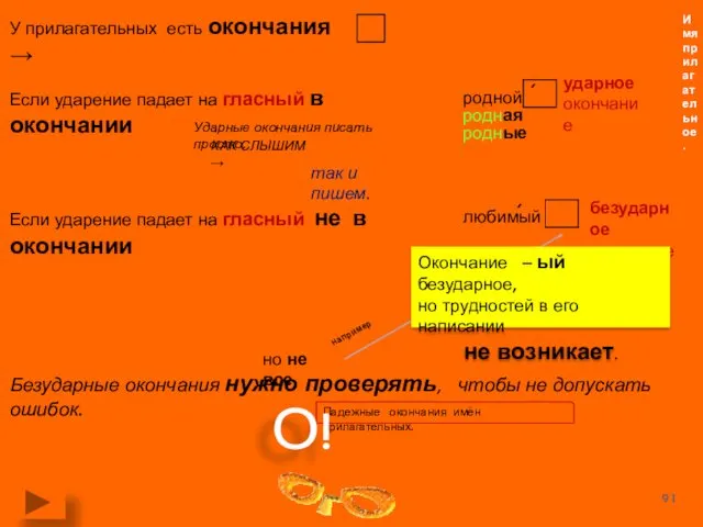 У прилагательных есть окончания → Если ударение падает на гласный