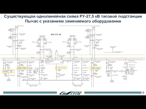 Существующая однолинейная схема РУ-27,5 кВ тяговой подстанции Пычас с указанием заменяемого оборудования 6